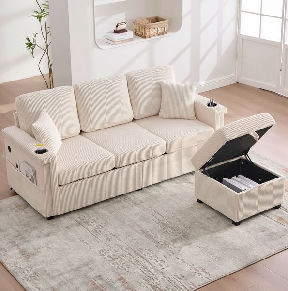 Sofa 194x73x81 cm in Beige mit LED, USB/Type-C, Stauraum und Schubladen – Cordbezug