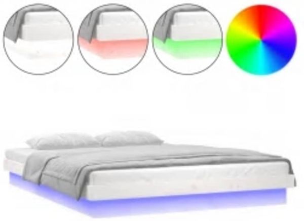 Doppelbett, Betten für Erwachsene, Massivholzbett mit LEDs Weiß 160x200 cm de1437