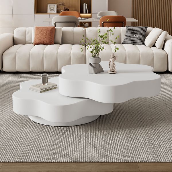 Blumenform-Couchtisch Obere Tischplatte 360° frei drehbar Drehbarer Wohnzimmertisch Doppelschichtiger Sofatisch 2 Ablageflächen Gesamt empfohlene Tragkraft 30 kg MDF Cremeweiß 74.8 x 67.5 x 31 cm