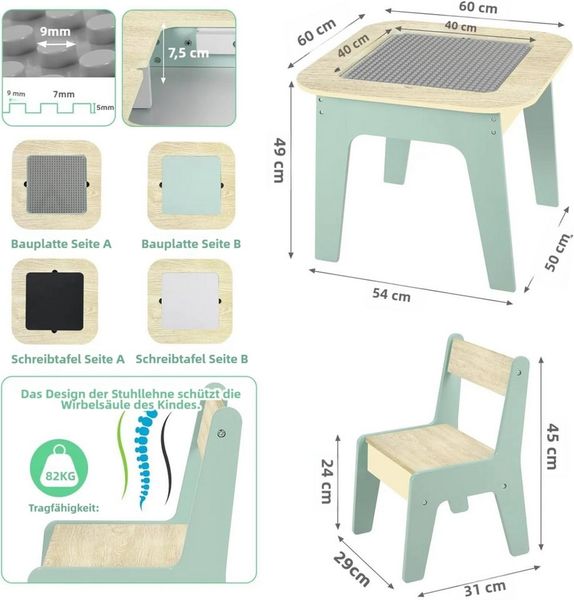 TLGREEN Kindertisch 4-in-1 Multifunktionstisch Set mit 2 Stühlen (Doppelseitenplatte (Maltisch/Bauplatte) und Stauraum, Kindermöbel für Kinderzimmer, Stauraum), Ideal für 3-7 Jahre