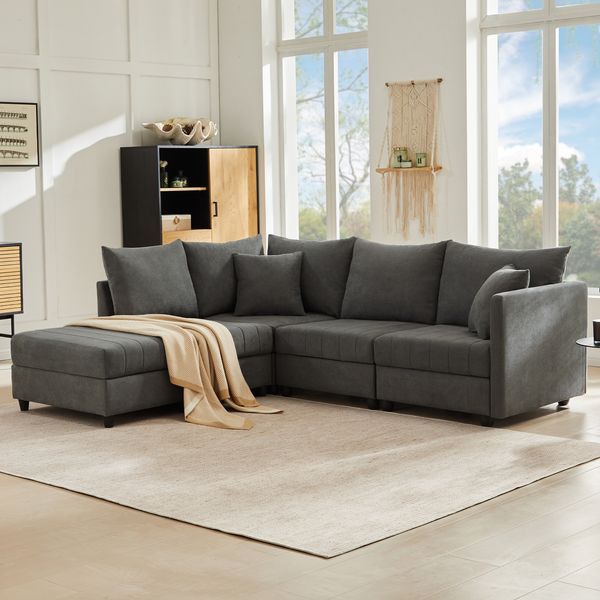 Ecksofa 220 x 194 x 85 cm mit Hocker – modulares 5-Sitzer Sofa aus Baumwolle und Leinen in Grau