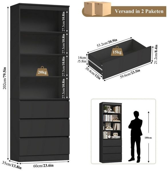 Homfa Bücherregal Hochschrank Standregal Bücherschrank Raumteiler, mit 4 Fächern und 3 Schubladen, 60x35x202cm