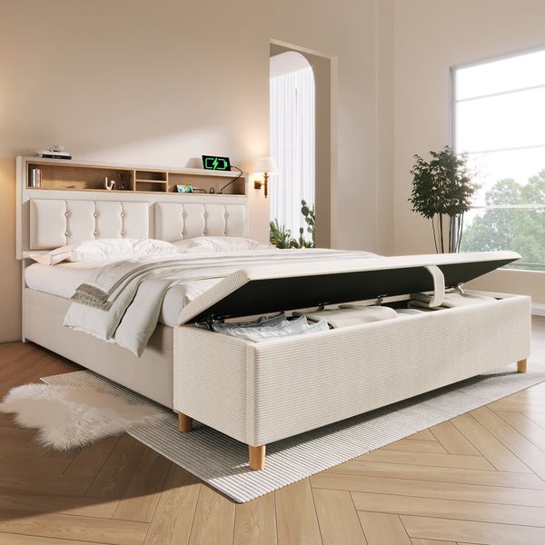 Merax Polsterbett 140x200 mit Bettbank & USB-Ladestation - Stauraum & Komfort in Leinenoptik (ohne Matratze) , Beige