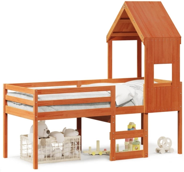 vidaXL Hochbett mit Dach Wachsbraun 75x190 cm Massivholz Kiefer 3282021