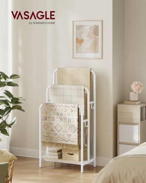 VASAGLE Handtuchhalter, stehend, Handtuchständer 3 Stangen, 50 x 30 x 100 cm, 2 Haken, Ablage, für Decke, Badetücher, wolkenweiß-naturbeige LLS009W01
