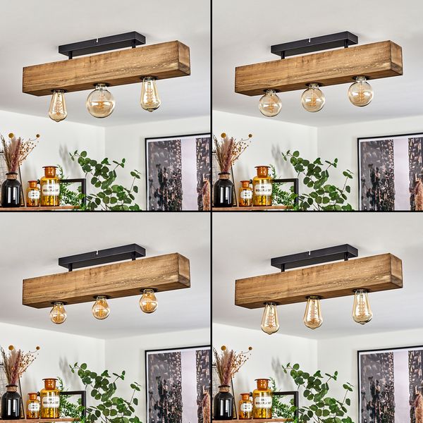 hofstein Deckenleuchte »Crova« längliche Deckenlampe aus Metall/Holz in Schwarz/Dunkelbraun, ohne Leuchtmittel, moderne Leuchte mit Holzbalken, 3xE27