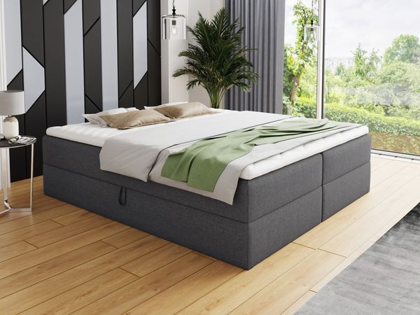 Boxspringbett Base mit 2 Bettkästen - Doppelbett mit Bonell-Matratze und Topper, Polsterbett, Freistehendes Bett (Dunkelgrau (Inari 94), 160 x 200 cm)