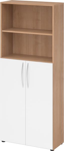 bümö Mehrzweckschrank 80cm breit, Aktenschrank o. Schuhschrank hoch, Regal Schrank-Kombi, Küchenschrank in Nussbaum/Weiß aus Holz, Vorratsschrank & Haushaltsschrank mit Metallgriffen, 4770-N-W-BM