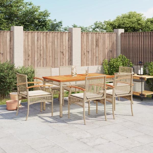 vidaXL 7-tlg. Garten-Essgruppe mit Kissen Beige Poly Rattan 3213581