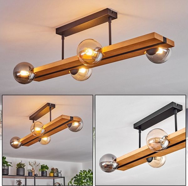 hofstein Deckenleuchte Deckenlampe aus Metall/Holz/Glas in Schwarz/Natur/Rauch/Bernstein, ohne Leuchtmittel, Leuchte im Vintage-Design mit Glasschirmen (10cm) und Holzbalken, G9