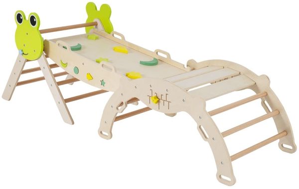 3er Set Klettergerüst mit Rutsche & Kletterbogen & Doppelseitige Rampe Kletterdreieck Natur