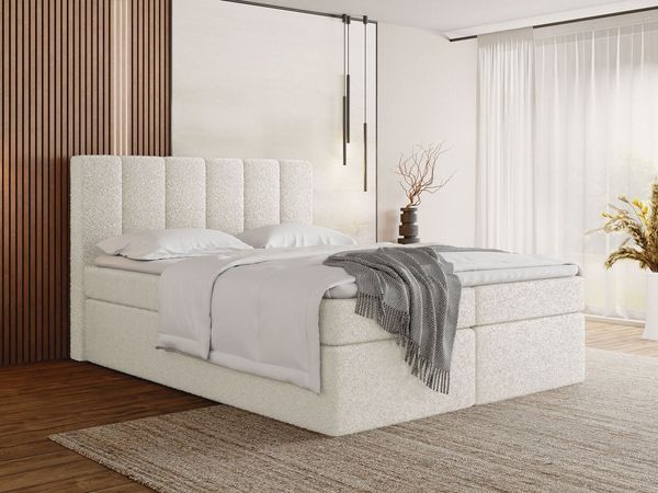 WFL GROUP Boxspringbett Amira mit hohem, gepolstertem Kopfteil, Boucle oder Samt Stoff (erhältlich in 5 Größen 120x200, 140x200, 160x200, 180x200, 200x200 cm), Doppelbett mit Matratze, Topper, Bettkasten & Stauraum, Made in EU
