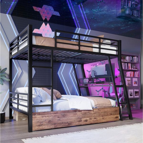 Merax Etagenbett mit LED-Beleuchtung (1-St), Metallbett Hochbett 90x200cm mit Schreibtisch Schubladen und Geländer