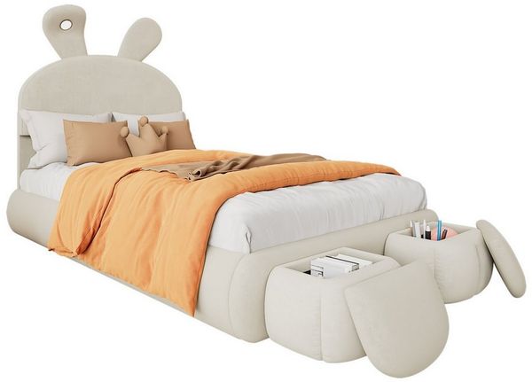 OKWISH Kinderbett Funktionsbett Stauraumbett Polsterbett (Hasenohren mit einstellbarer Helligkeit warmfarbenen Lichtstreifen, mit zwei Aufbewahrungshockern, Kinderbett mit Holzlatten 90x200 cm), mit Matratze
