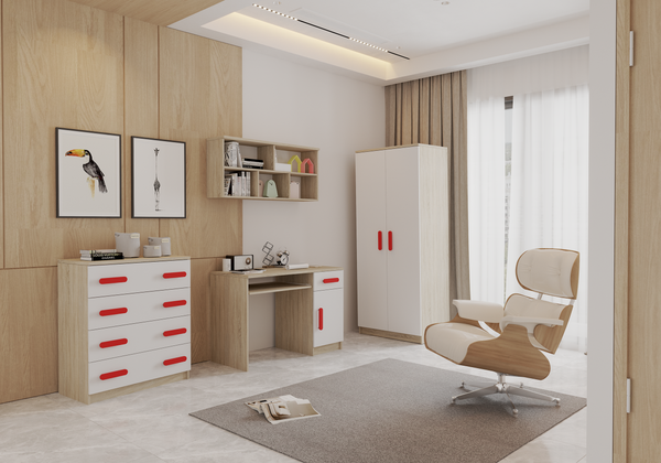 Jugendzimmer Elora 4 teilig in Eiche und Weiß – mit Schreibtisch, Kommode, Wandregal und Schrank – in 8 verschiedenen Grifffarben wählbar - 4 teilig , Rot