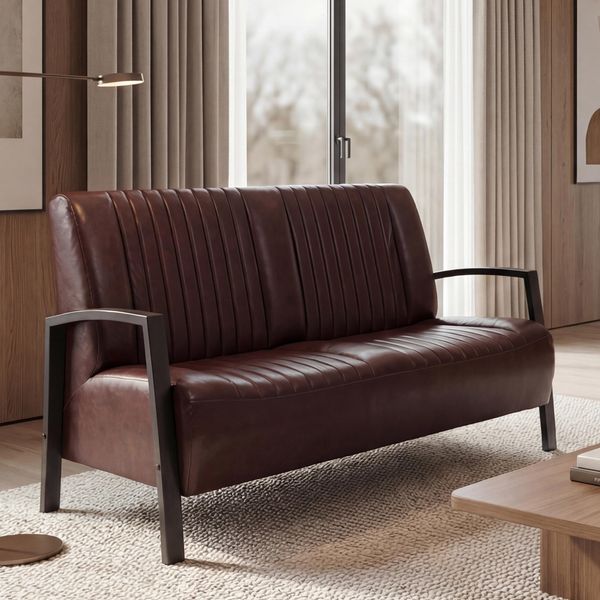 2er Sofa HWC-H10, Couch Zweisitzer, Metall Kunstleder Industrie-Design ~ vintage braun