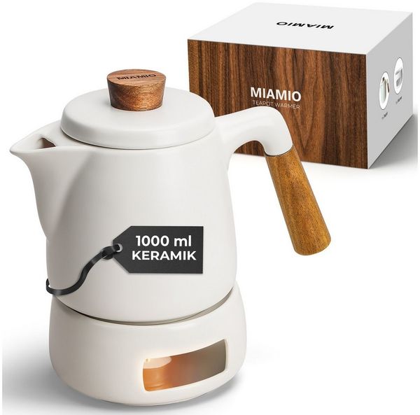 MiaMio Teeservice Teekanne mit Stövchen und Siebeinsatz, 1 l, Weiß (3-tlg), Keramik, mit Stövchen und Siebeinsatz, 1 l
