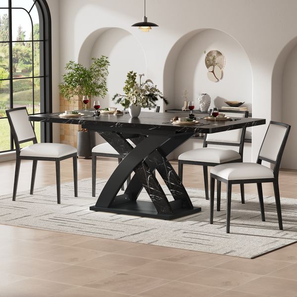 Esstisch 120–160x80x75 cm, ausziehbar, MDF-Tischplatte & X-Gestell aus Metalll, schwarz