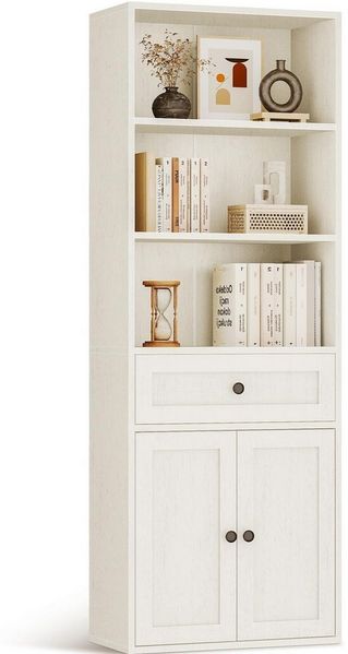 ODK Bücherregal mit Türen, Schrank & Schublade, 5 Ebenen Aufbewahrung, 1-tlg, 164,2 cm Höhe, Weiß, Ideal für Wohnzimmer, Büro & Schlafzimmer
