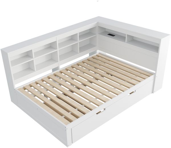 Massivholz Doppelbett 140×200 mit Ausziehbett 90×190, USB-Ladestation & Stauraum, multifunktionales Schlafsofa,Weiß Bild 9