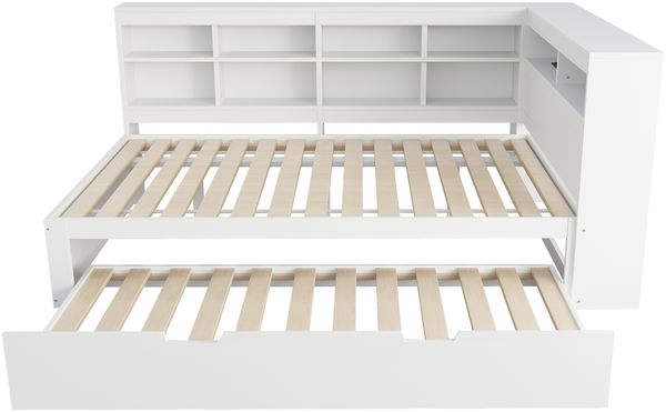 Massivholz Doppelbett 140×200 mit Ausziehbett 90×190, USB-Ladestation & Stauraum, multifunktionales Schlafsofa,Weiß Bild 10