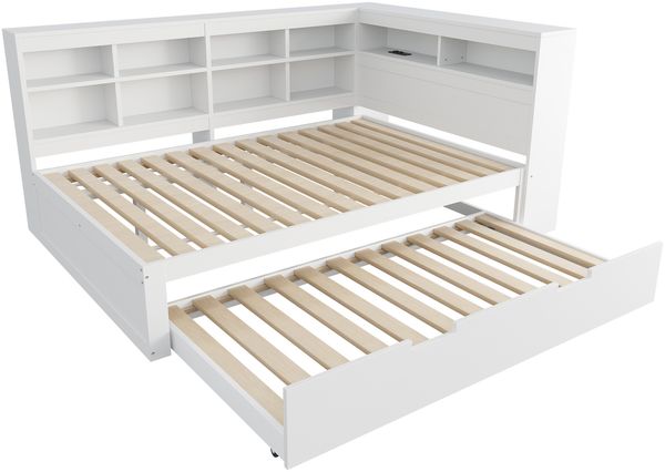 Massivholz Doppelbett 140×200 mit Ausziehbett 90×190, USB-Ladestation & Stauraum, multifunktionales Schlafsofa,Weiß Bild 8