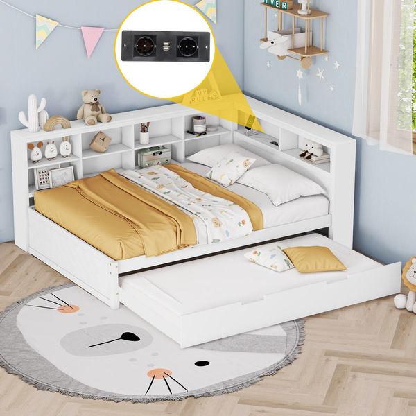 Massivholz Doppelbett 140×200 mit Ausziehbett 90×190, USB-Ladestation & Stauraum, multifunktionales Schlafsofa,Weiß