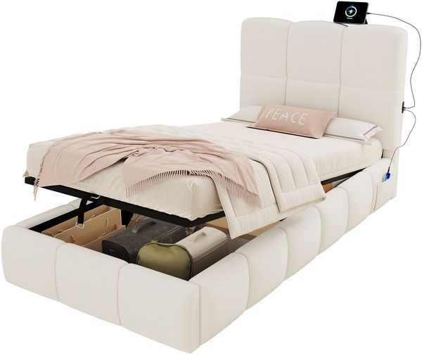 Merax Polsterbett, Einzelbett, Kinderbett 90 x 200cm, hydraulisches Funktionsbett, Bett mit Lattenrost, Kopfteil, großem Stauraum und USB-Ladeanschluss, gepolstertes Kopfteil, bouclé, beige Bild 10
