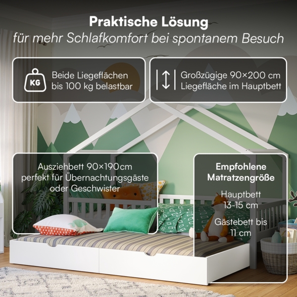Bellabino 'Vils' Hausbett 90x200 cm mit Gästebett 90x190 cm, weiß, Kiefer Massivholz, Montessori Kinderbett mit Ausziehbett, inkl. Rausfallschutz und Lattenrost Bild 4