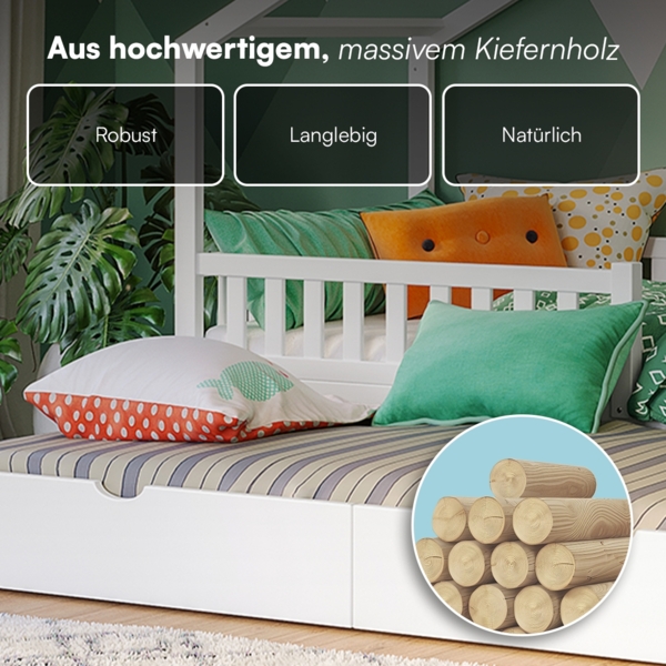 Bellabino 'Vils' Hausbett 90x200 cm mit Gästebett 90x190 cm, weiß, Kiefer Massivholz, Montessori Kinderbett mit Ausziehbett, inkl. Rausfallschutz und Lattenrost Bild 6