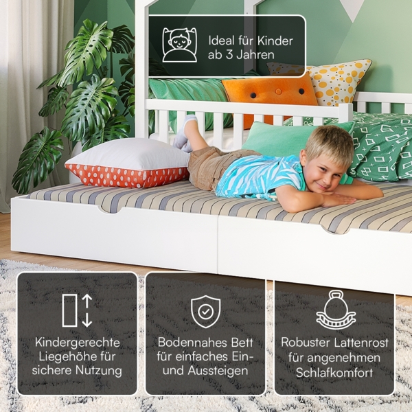 Bellabino 'Vils' Hausbett 90x200 cm mit Gästebett 90x190 cm, weiß, Kiefer Massivholz, Montessori Kinderbett mit Ausziehbett, inkl. Rausfallschutz und Lattenrost Bild 3
