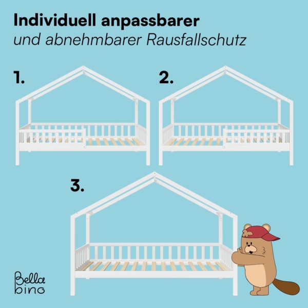 Bellabino 'Vils' Hausbett 90x200 cm mit Gästebett 90x190 cm, weiß, Kiefer Massivholz, Montessori Kinderbett mit Ausziehbett, inkl. Rausfallschutz und Lattenrost Bild 5