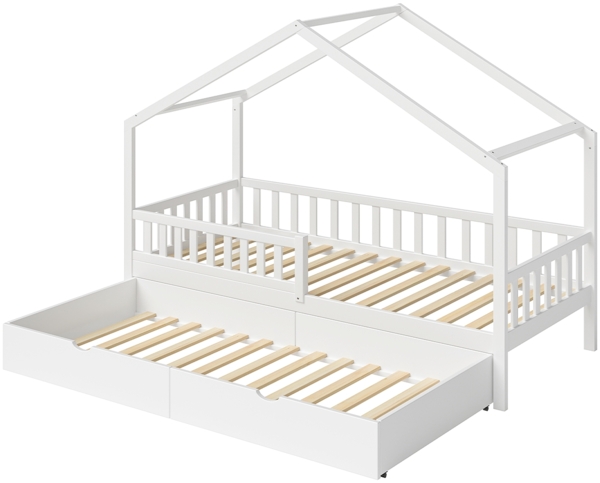 Bellabino 'Vils' Hausbett 90x200 cm mit Gästebett 90x190 cm, weiß, Kiefer Massivholz, Montessori Kinderbett mit Ausziehbett, inkl. Rausfallschutz und Lattenrost Bild 2