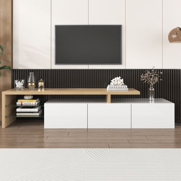 TV-Lowboard, MDF/Glas mit LED-Lichtstreifen & Glasböden, 197,5x39x42 cm, Natur/Weiß