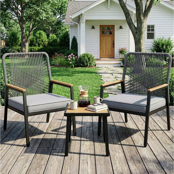 TLGREEN Gartenstuhl Eisen-Rattan Gartensessel,verbreiterter Sitz, (Balkonstühle Metall und Rattan, mit 8 cm dicken Sitzkissen, 3 St), 160 kg Belastbar für Terrasse, Garten und Veranda