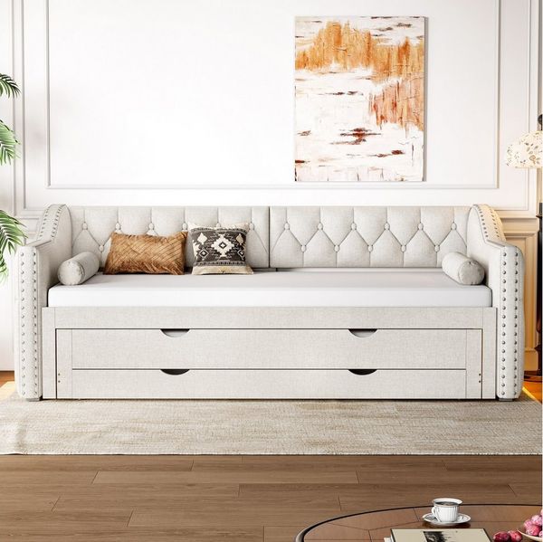 Merax Daybett 90x200cm mit LED-Beleuchtung (Sofabett Doppelbett Polsterbett, 1 tlg), Tagesbett mit Ausziehbett und 3 Schubladen, Schlafsofa aus Leinenstoff