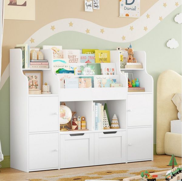 Homfa Kinderregal Spielzeugtruhe mit 2 Schubladen auf Rollen Bücherregal, Kinderbücherregal Spiegelregal mit Tür 126x104x30 cm weiß