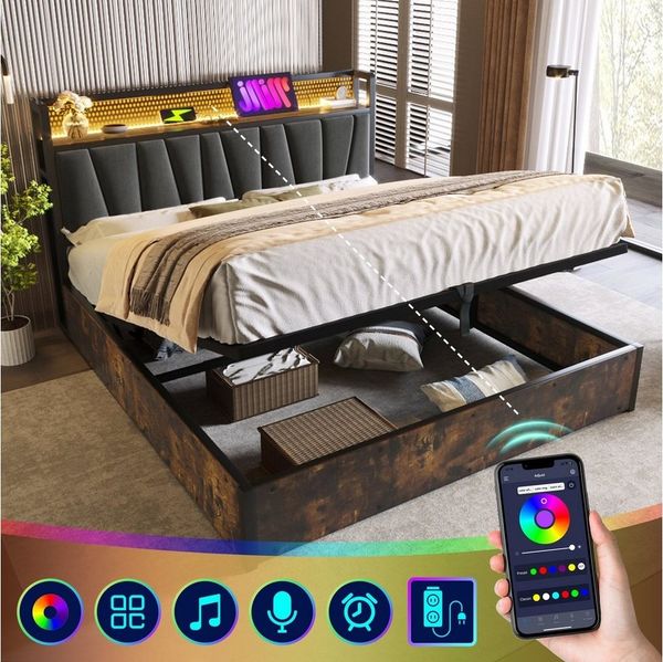 Flieks Polsterbett (1-tlg), LED Metallbett Holzbett mit Ladefunktion und Stauraum 180x200 cm