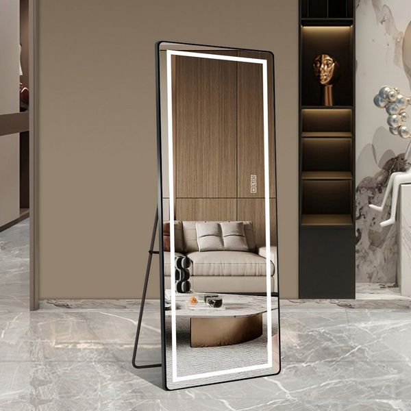 REDOM Ganzkörperspiegel Standspiegel (LED Standspiegel mit 3-Farb-Dimmung Schwarz/Silber, 1-St, 163 × 54 cm)