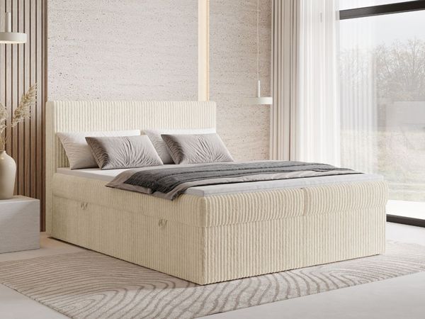 GRAINGOLD Brisa Boxspringbett 200x200, Boxspringbett mit zwei Bettkästen, Kopfteil, Cord-Stoff, Beige
