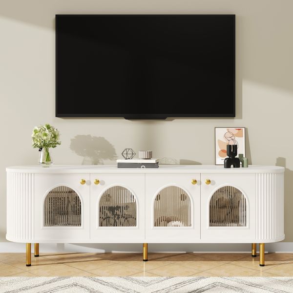 TV-Schrank 170x35x55 cm, weiß/gold mit 4 Glastüren und Wellenstruktur