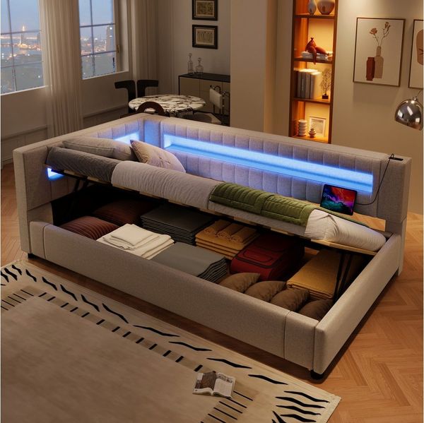 Merax Daybett 90x200cm mit hydraulischem Stauraum (Kinderbett Jugendbett Einzelbett, 1 tlg), Polsterbett Schlafsofa Tagesbett mit LED, USB und TYPE-C, Leinen