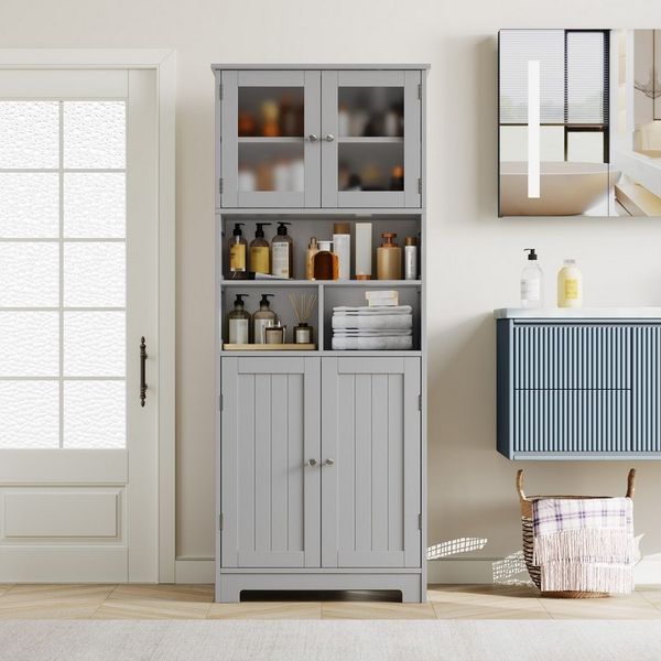 HOMECHO Hochschrank Badezimmerschrank Badschrank mit 3 Fächern und 4 Türen