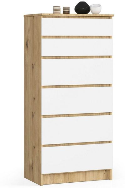 Home Collective Kommode 60 cm breit Holz Highboard Sideboard für Flur Schlafzimmer Wohnzimmer (Kommode Schlafzimmer Kommode mit Schubladen Holz Schrank), Kinderzimmer Organizer, 130 cm hoch, 6 Schubladen Artisan Eiche-weiß