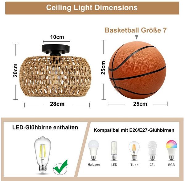Rosnek Pendelleuchte Rattan Deckenleuchte Flush Mount mit LED, Lighting & Eye-Caring, Halogen, Für Schlafzimmer, Küche, Flur – Boho Natur Stil