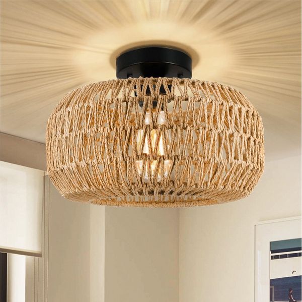Rosnek Deckenleuchte Rattan Deckenleuchte Flush Mount mit LED, Lighting & Eye-Caring, Halogen, Für Schlafzimmer, Küche, Flur – Boho Natur Stil