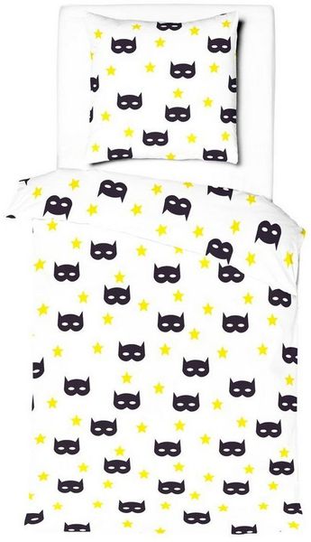 JACK Kinderbettwäsche 135x200cm schwarze Maske gelbe Sterne Magie Offwhite, Renforcé, 2 teilig, Baumwolle, Kinderzimmer, Reißverschluss