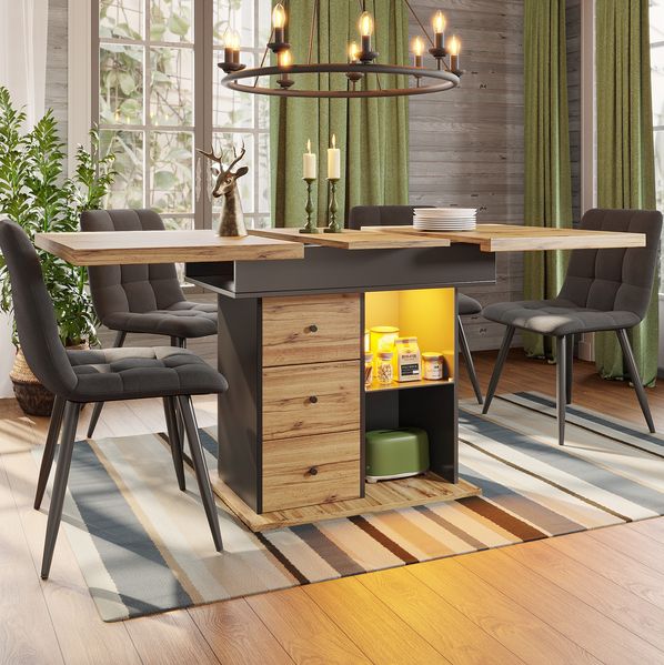 Ausziehbarer Esstisch 110-140 x 80 x 75 cm mit LED-Beleuchtung, USB-Anschluss und Stauraum