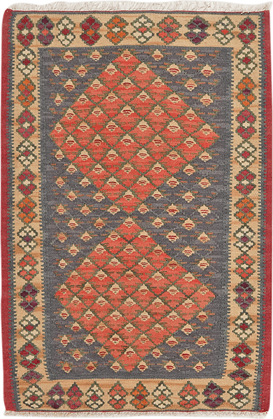 Looma 'Farahnaz' Kelim Senneh handgewebt, Schurwolle Blau, 61x91 cm