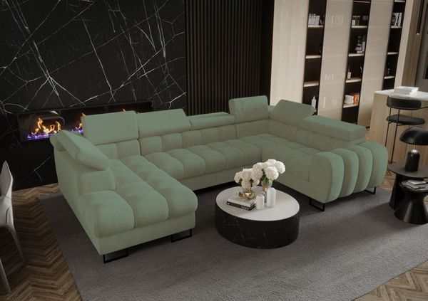 Wohnlandschaft Schlafsofa BASTIEN in Stoff Terra Mintgrün Ottomane Links